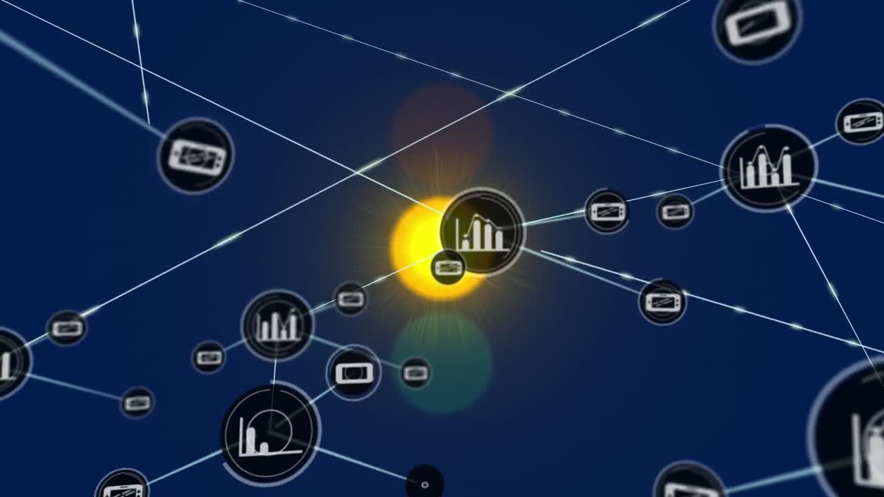 파란색 배경에 교통 신호등 위의 디지털 아이콘 네트워크의 애니메이션