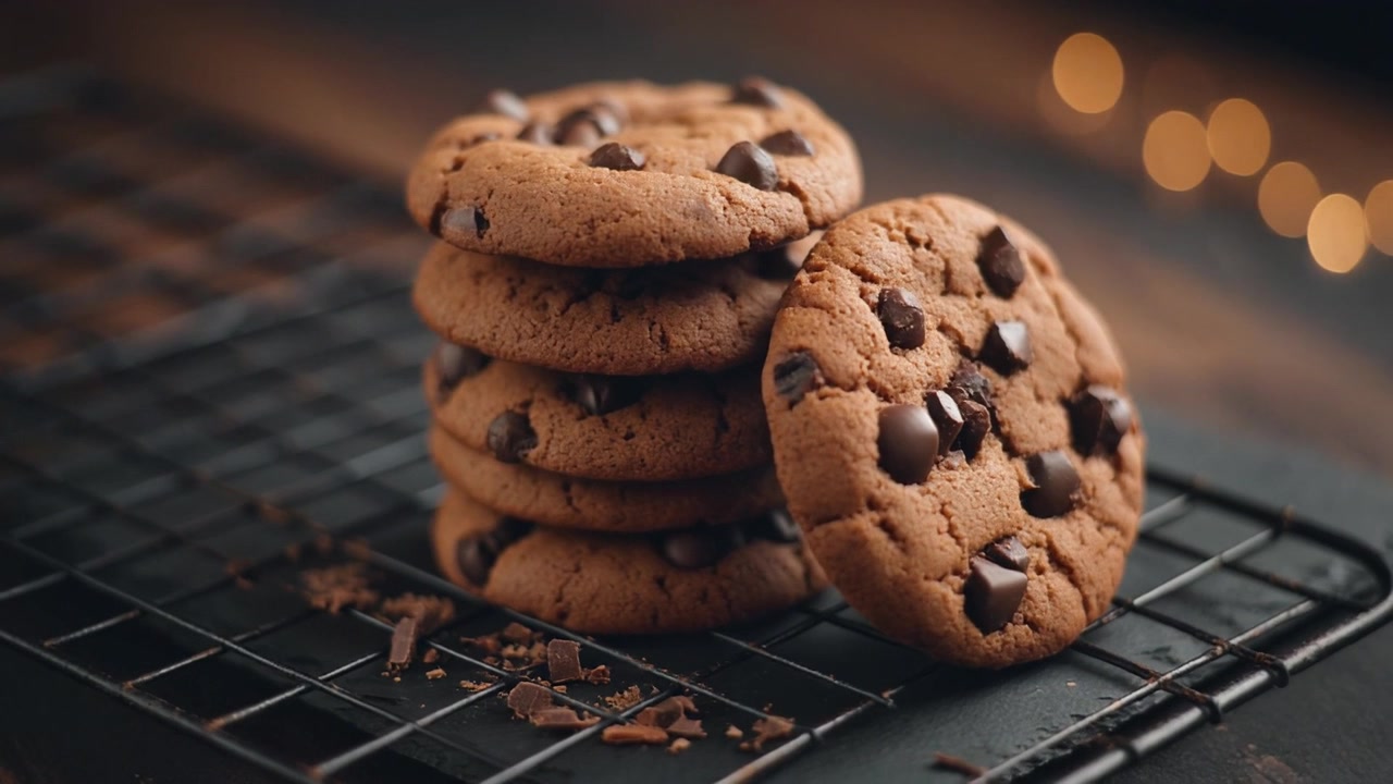 Stack of Freshly Baked Chocolate Chip Cookies on a Cooling Rack
