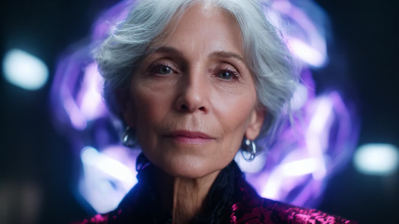 A woman with silver hair and an elegant black outfit stands poised against a vibrant, glowing background, exuding confidence and wisdom, capturing attention with her serene expression and timeless grace