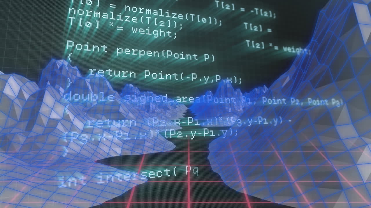 Animation of computer language over 3d model of mountains on grid pattern against black background