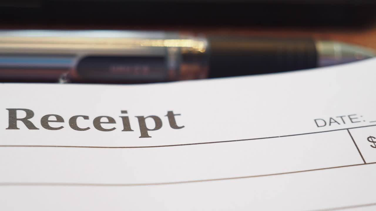 Close-up of a receipt with a pen in the background