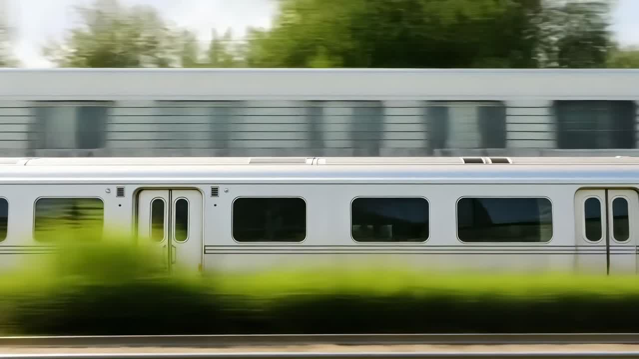 Side view of a sleek, modern train in motion, captured in a video with a panning camera angle