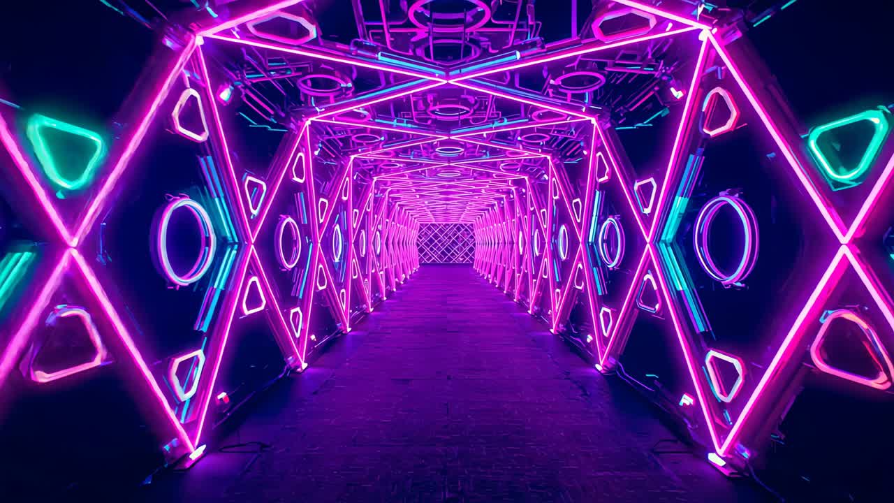 Moving dolly pushing neon tunnel forward in gallery to reveal LED frames, ring lights, end panel