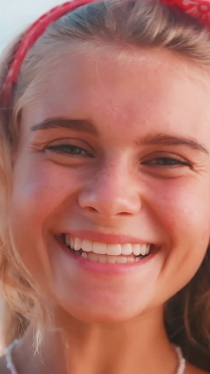 Young caucasian woman shows heart from fingers located on beach near ocean