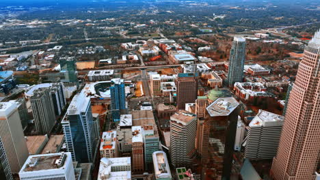 drone flying above the busy highway in atlanta downtown. view on the traffic in metropolis on sunny day