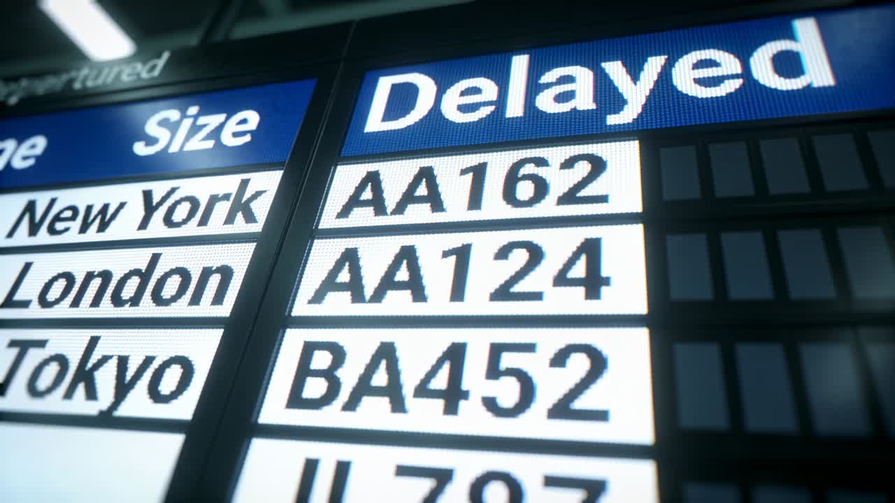 Pantalla de aletas que gira mostrando códigos de retraso en la terminal, el sistema se actualiza con el encabezado Retrasado
