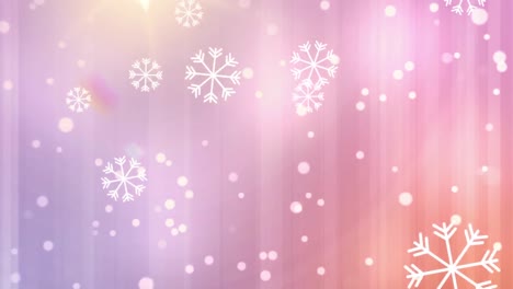 animation of snowflakes falling over glowing white spots on pink background