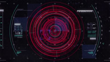 round neon scanner against light trails over digital interface with data processing