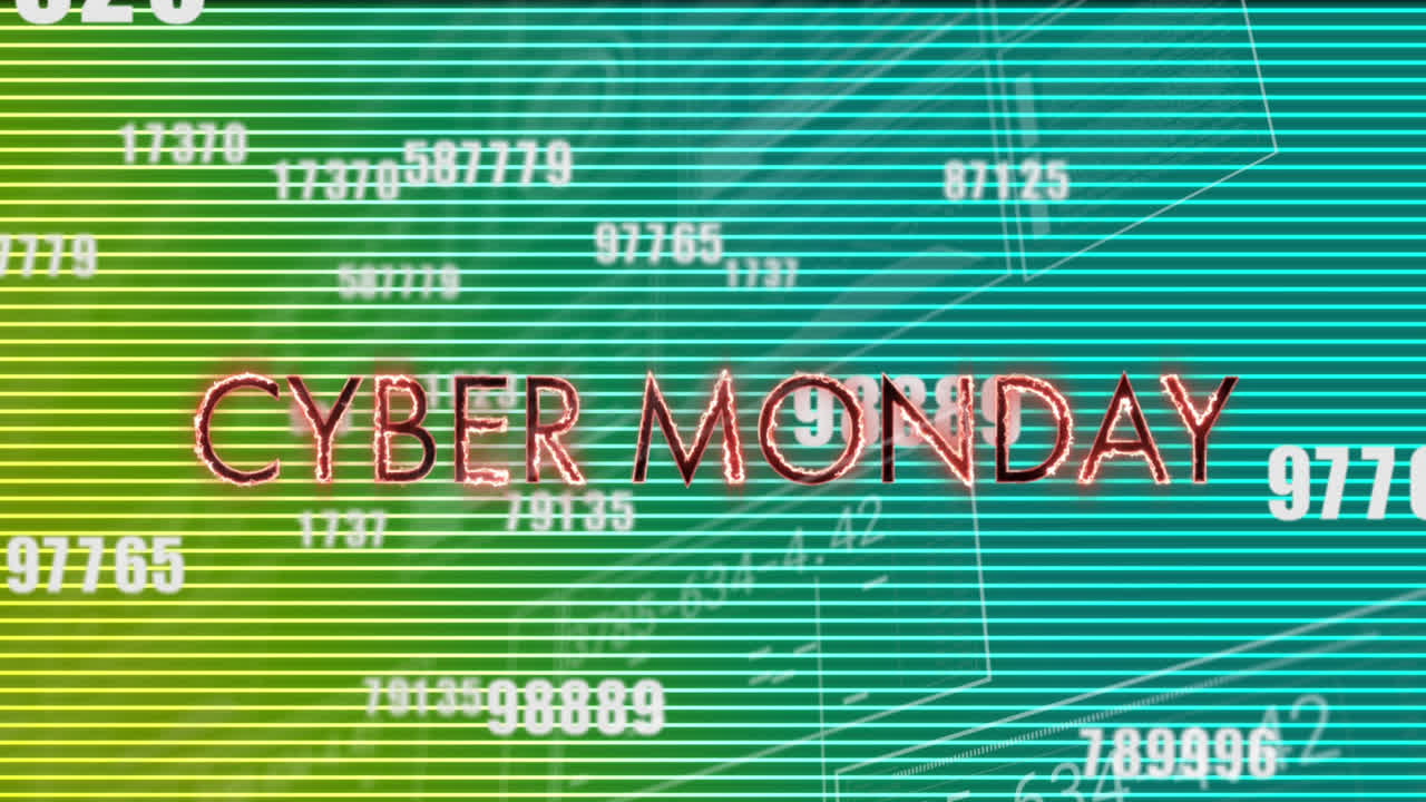 Animation of cyber monday text over data processing on green background