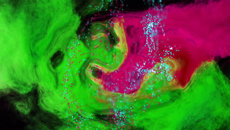 animation of glowing pink and blue mesh moving over waving green and pink background
