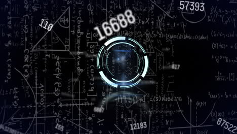 animation of processing circle and numbers over diverse data on black space