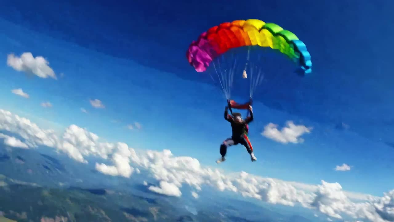 Feel the exhilarating rush of parachuting as you soar above breathtaking landscapes, all while gliding beneath a vibrant rainbow canopy