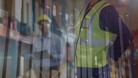 animación de gráficos estadísticos sobre diversos trabajadores masculinos en el almacén