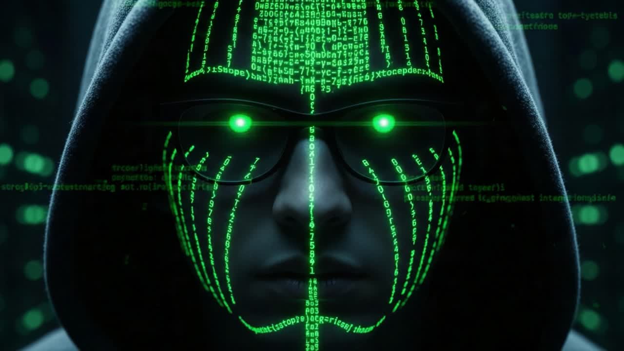 A Mysterious Hacker in a Hooded Jacket with Glowing Green Eyes and Binary Code Reflections Merging with the Dark Background in a Cyberpunk Aesthetic
