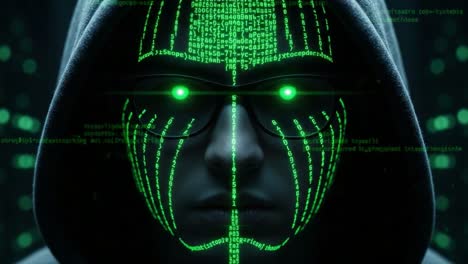 a mysterious hacker in a hooded jacket with glowing green eyes and binary code reflections merging with the dark background in a cyberpunk aesthetic