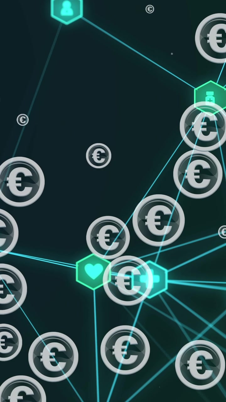 Animazione di euro che lampeggiano su sfondo nero con icone e connessioni.