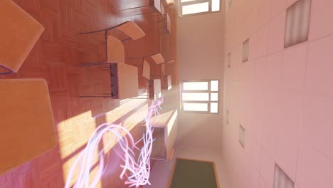 sala de clases vacía escuela secundaria con inteligencia artificial flujo cálido puesta de sol luz enseñanza universitaria ai tomando el control del concepto 3d renderización animación vertical