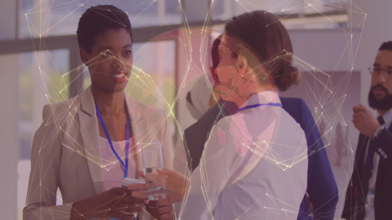 Networking with digital connections overlay, business professionals in modern office