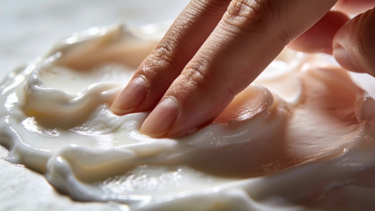 Voksne fingerspidser rører ved og presser ned i creme på en bordplade, undersøger teksturen og skaber bløde riller.