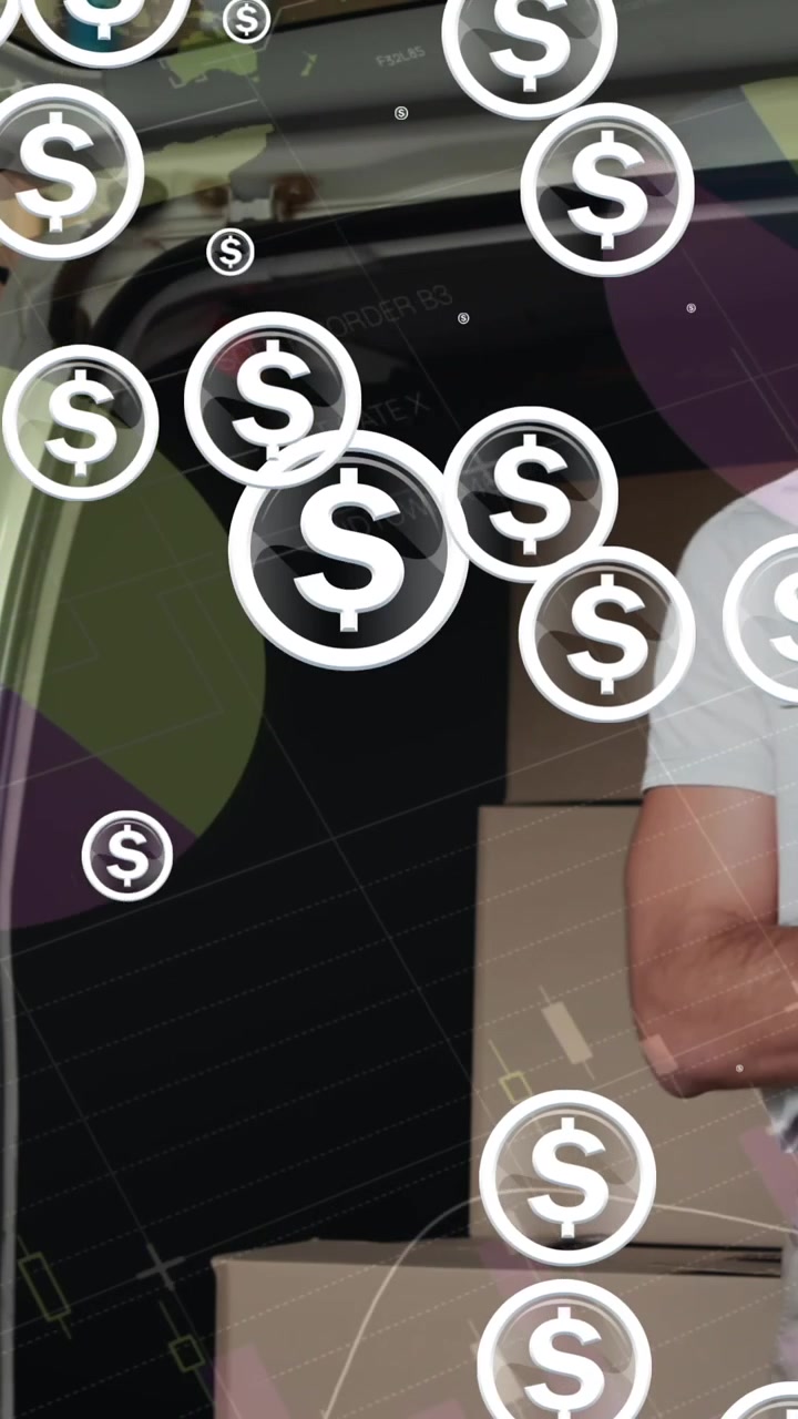 Animation of falling dollar icons over delivery man next to a car