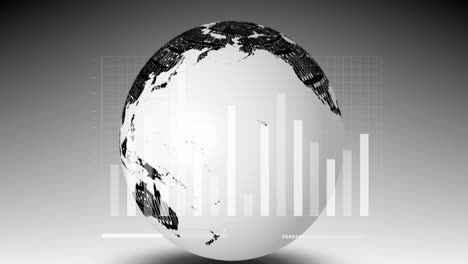 animación de la interfaz con el procesamiento de datos estadísticos sobre un globo giratorio contra un fondo gris