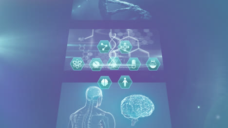 Animation-of-network-of-connections-with-medical-icons-over-screens-with-data-processing