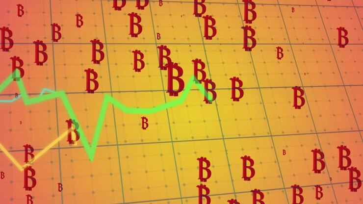 Animazione di elaborazione dati su simboli Bitcoin