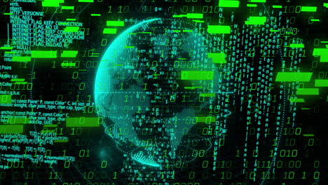 globo digital con código binario y animación de procesamiento de datos sobre fondo de matriz verde
