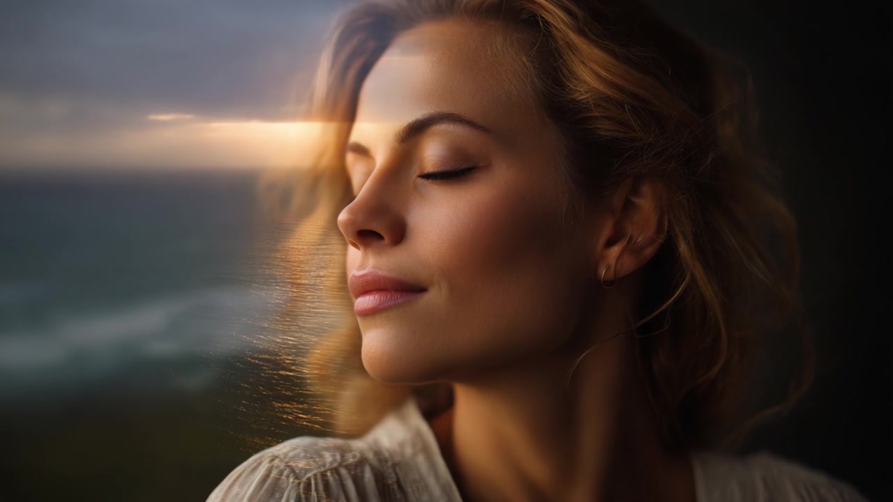 Un momento tranquillo di riflessione: una donna in una luce soffusa con gli occhi chiusi, che sperimenta serenità, pace e contentezza contro uno sfondo panoramico.
