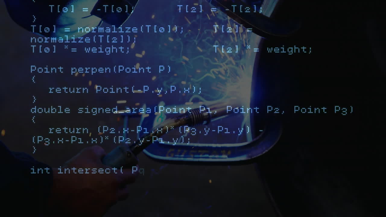 Senior welder welding metal blue flame sparking technology code overlay streaming across workshop