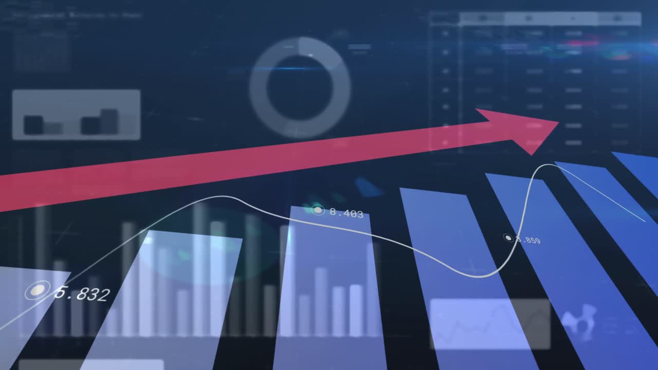 Animation of financial data processing with graph on black background