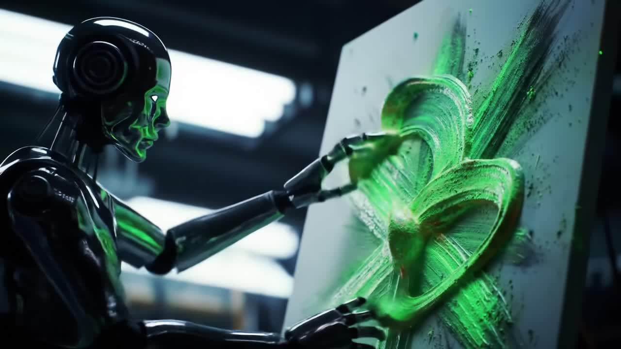 A Futuristic Robot Artist Creates Stunning Abstract Art Using Vibrant Green Paint on Canvas, Merging Technology with Creativity in a Modern Studio Environment