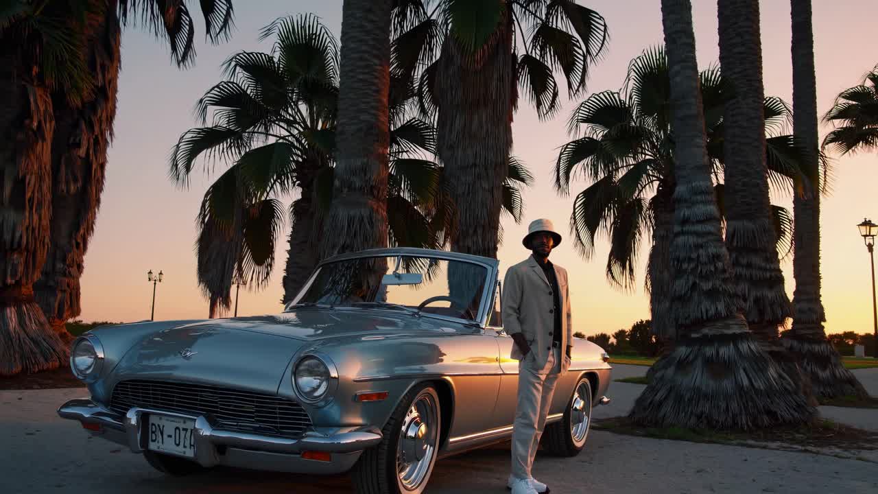 Stylish man in a hat and linen suit stands next to a silver gray convertible classic car parked near palm trees during golden hour, creating a luxurious and carefree atmosphere