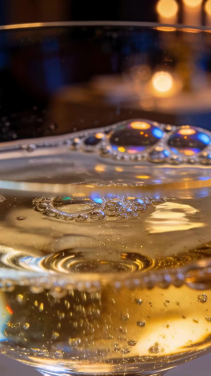 Video Verticale: Grande Bolla che si Sposta Creando Increspature su una Coppa sul Bancone dal CO2, Bokeh di Candela