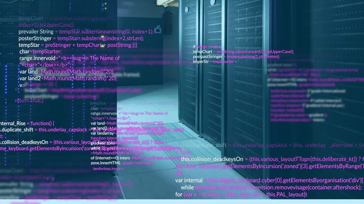 Purple and white computer data processing animation over transparent background