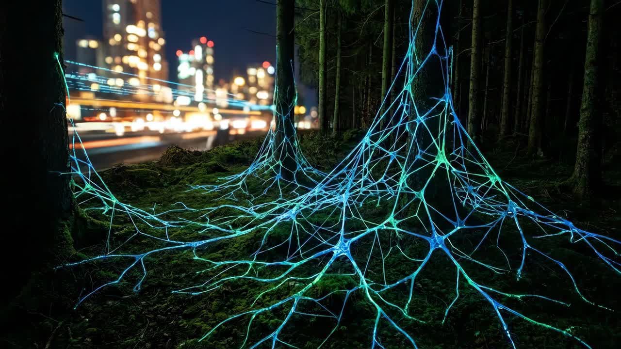 Bioluminescent Roots Connecting City and Forest