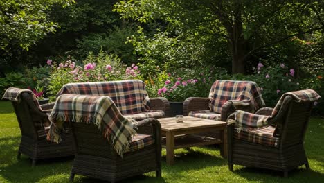 a cozy outdoor seating area surrounded by lush greenery and vibrant flowers, perfect for relaxation and enjoying nature's beauty