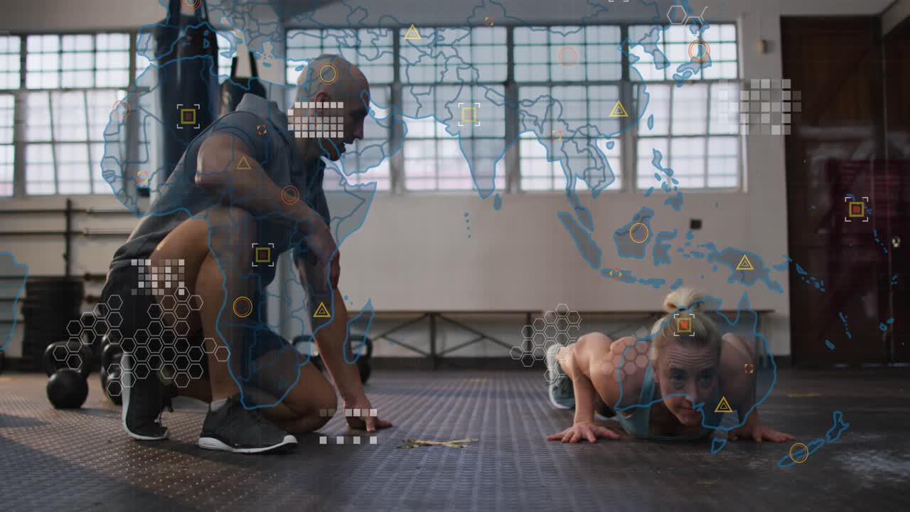 Coach cueing trainee, trainee doing fitness pushups as HUD world map hexgrid icons growing for form