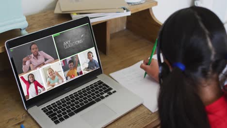 Schoolgirl-using-laptop-for-online-lesson-at-home,-with-diverse-teacher-and-class-on-screen