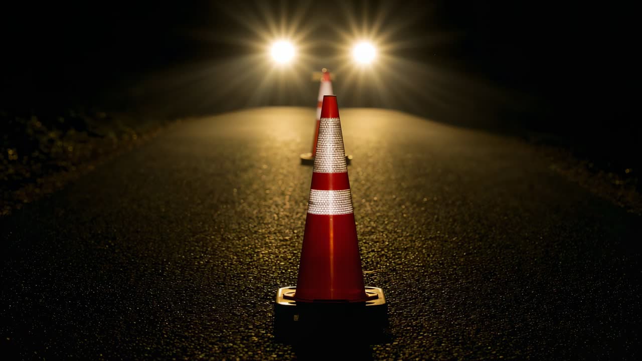 Car beams revealing centered orange traffic cone reflecting bands while camera zooming on dark road