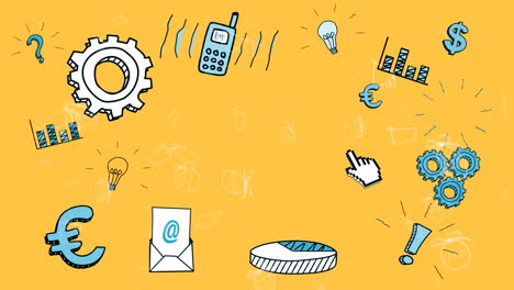 animación de iconos blancos de navidad, iconos de negocios, oficinas y medios sobre fondo amarillo
