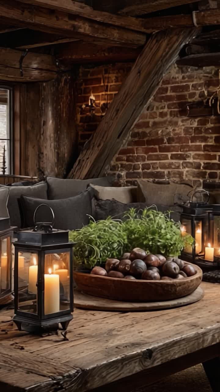 Rifugio rustico accogliente: uno spazio abitativo invitante con calde lanterne a candela, verde fresco e decorazioni naturali per migliorare comfort ed estetica