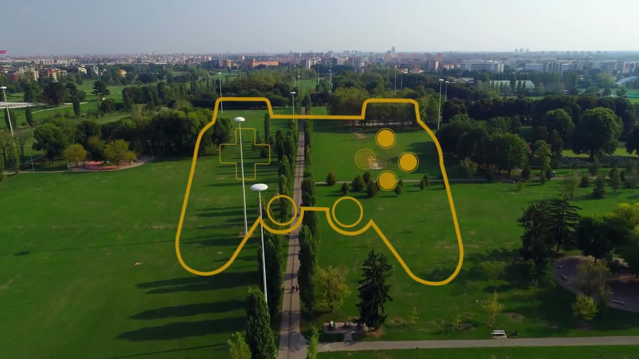 Animation of videogame controller icon against aerial view of garden