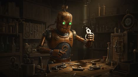 a steampunk robot crafting mechanical parts in a vintage workshop filled with tools and gears, showcasing unique artistry and engineering skills