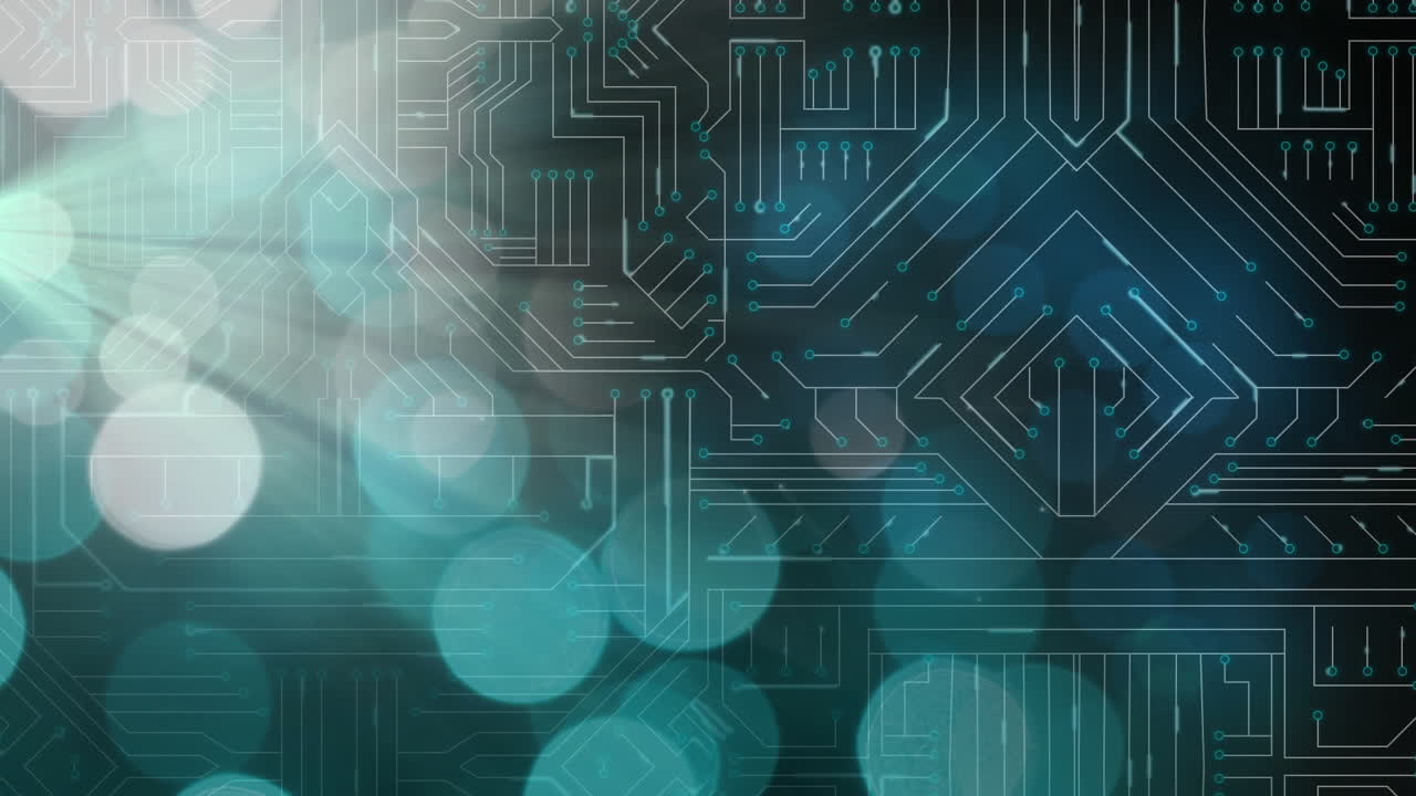 Animation of data processing on glowing computer circuit board