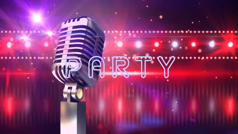 animation of part text and retro microphone over glowing spots of light