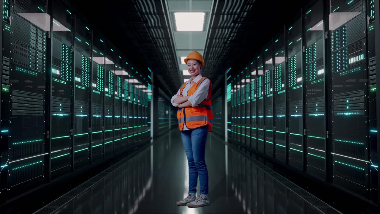 Full Body Side View Of Asian Female Engineer With Safety Helmet Crossing Her Arms And Looking Around While Standing in Server Room Data Center