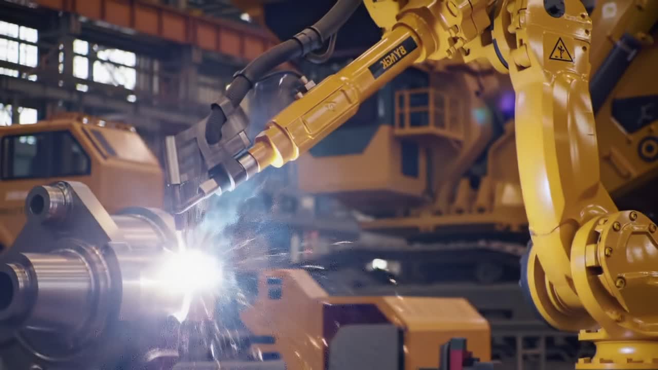Advanced Industrial Robot Performing Precision Welding with Sparks Flying in a Modern Manufacturing Facility, Showcasing High-Tech Automation and Engineering Innovation