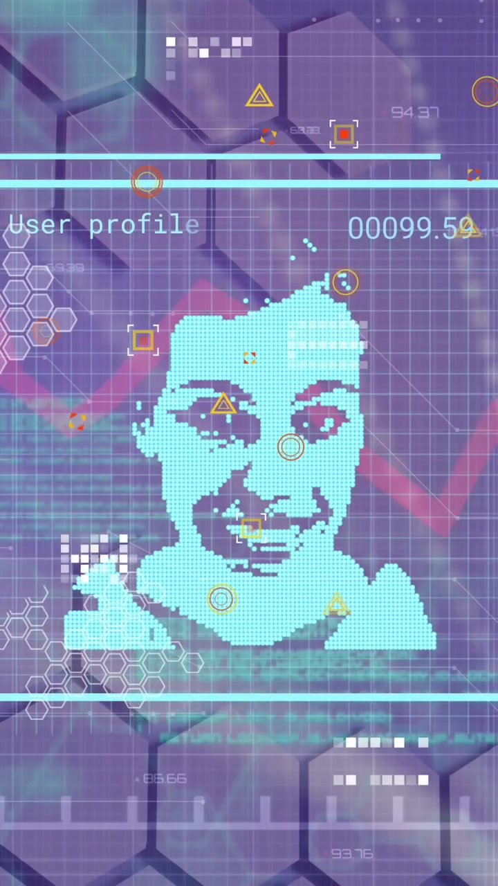 Animation of changing profile icons and data processing against hexagonal shapes on blue background