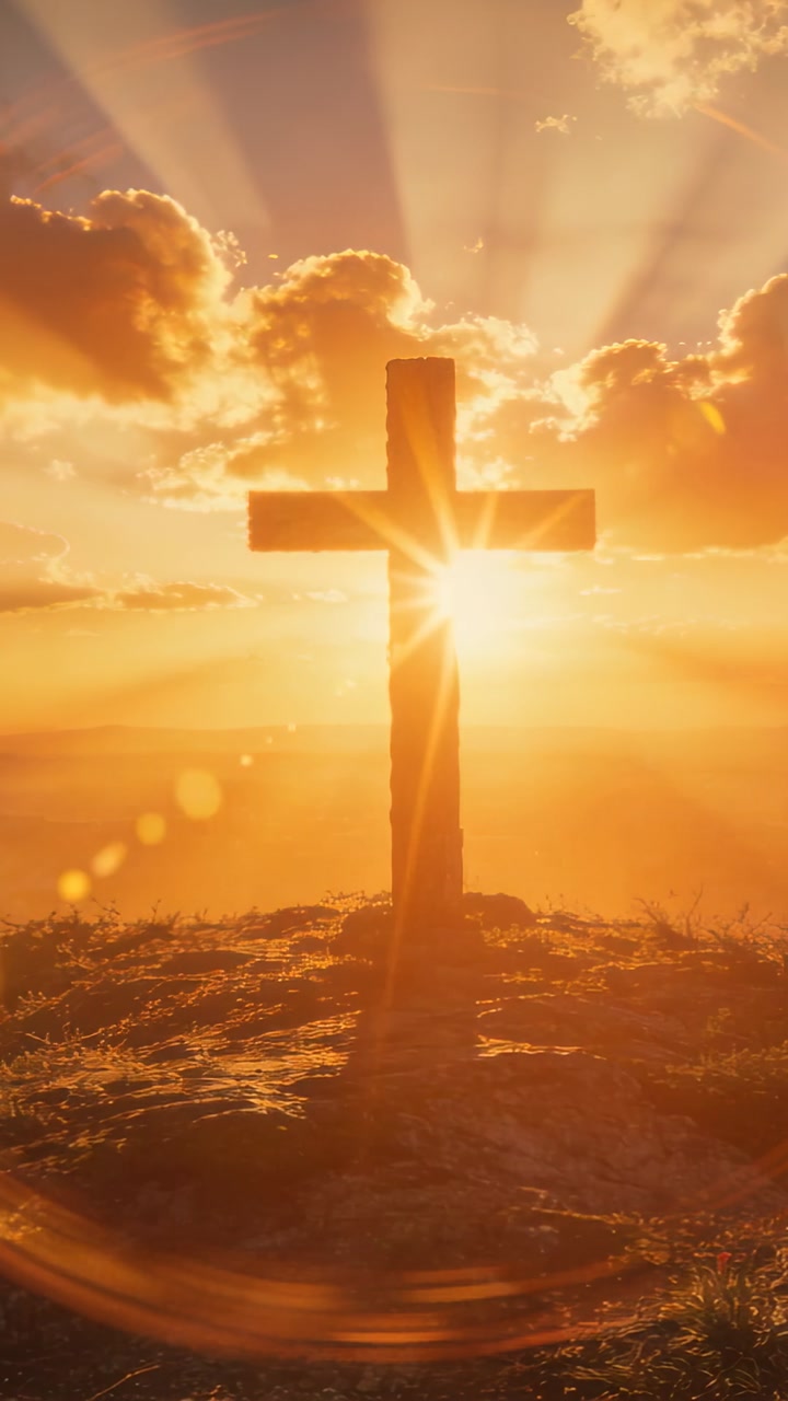 Shifting sun aligning with wooden cross on hilltop during sunrise, producing starburst flare